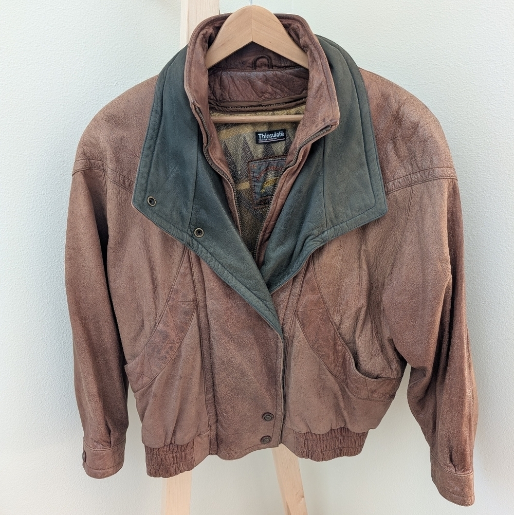 Vintage Brown Leather Bomber Jacket with Green Collar
